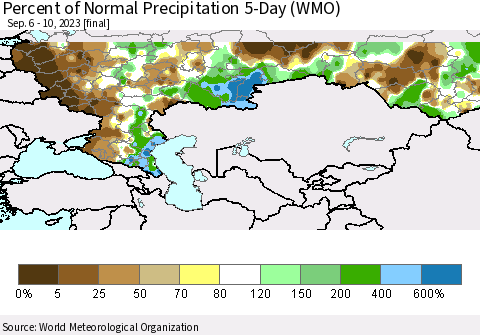 Russian Federation Percent of Normal Precipitation 5-Day (WMO) Thematic Map For 9/6/2023 - 9/10/2023