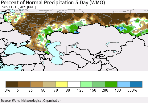 Russian Federation Percent of Normal Precipitation 5-Day (WMO) Thematic Map For 9/11/2023 - 9/15/2023
