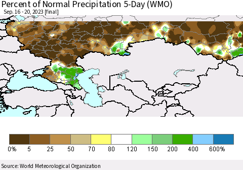Russian Federation Percent of Normal Precipitation 5-Day (WMO) Thematic Map For 9/16/2023 - 9/20/2023