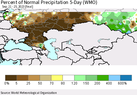 Russian Federation Percent of Normal Precipitation 5-Day (WMO) Thematic Map For 9/21/2023 - 9/25/2023