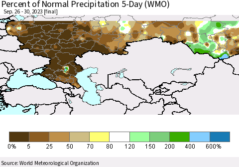 Russian Federation Percent of Normal Precipitation 5-Day (WMO) Thematic Map For 9/26/2023 - 9/30/2023