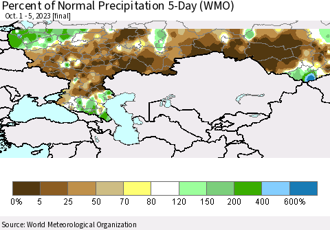 Russian Federation Percent of Normal Precipitation 5-Day (WMO) Thematic Map For 10/1/2023 - 10/5/2023
