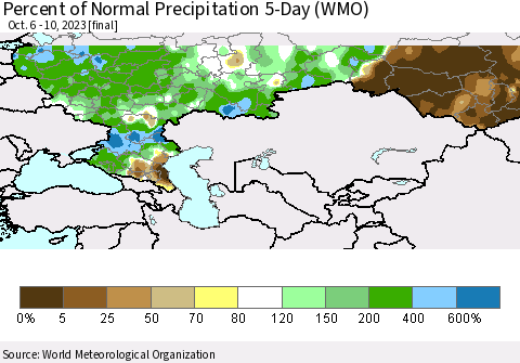 Russian Federation Percent of Normal Precipitation 5-Day (WMO) Thematic Map For 10/6/2023 - 10/10/2023