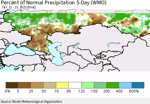 Russian Federation Percent of Normal Precipitation 5-Day (WMO) Thematic Map For 10/11/2023 - 10/15/2023