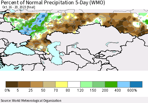 Russian Federation Percent of Normal Precipitation 5-Day (WMO) Thematic Map For 10/16/2023 - 10/20/2023