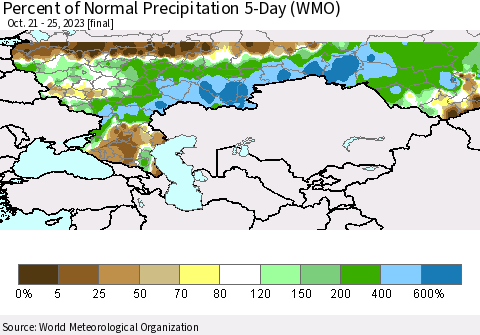 Russian Federation Percent of Normal Precipitation 5-Day (WMO) Thematic Map For 10/21/2023 - 10/25/2023