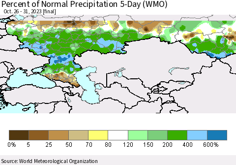 Russian Federation Percent of Normal Precipitation 5-Day (WMO) Thematic Map For 10/26/2023 - 10/31/2023