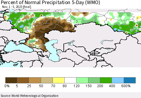 Russian Federation Percent of Normal Precipitation 5-Day (WMO) Thematic Map For 11/1/2023 - 11/5/2023