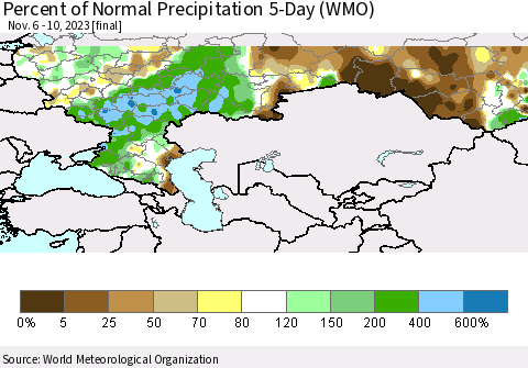 Russian Federation Percent of Normal Precipitation 5-Day (WMO) Thematic Map For 11/6/2023 - 11/10/2023