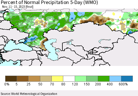 Russian Federation Percent of Normal Precipitation 5-Day (WMO) Thematic Map For 11/11/2023 - 11/15/2023