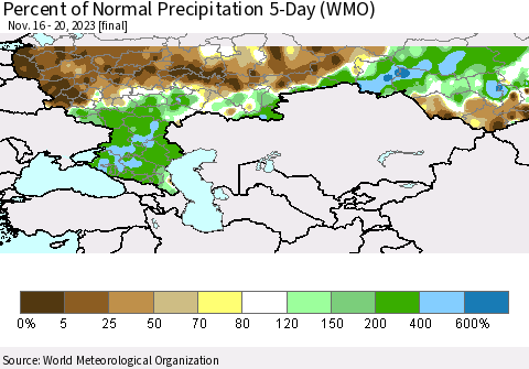 Russian Federation Percent of Normal Precipitation 5-Day (WMO) Thematic Map For 11/16/2023 - 11/20/2023