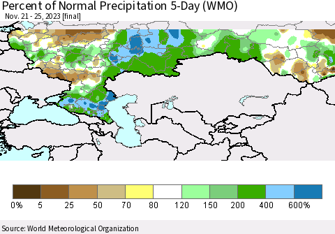 Russian Federation Percent of Normal Precipitation 5-Day (WMO) Thematic Map For 11/21/2023 - 11/25/2023