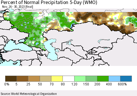 Russian Federation Percent of Normal Precipitation 5-Day (WMO) Thematic Map For 11/26/2023 - 11/30/2023