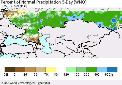 Russian Federation Percent of Normal Precipitation 5-Day (WMO) Thematic Map For 12/1/2023 - 12/5/2023