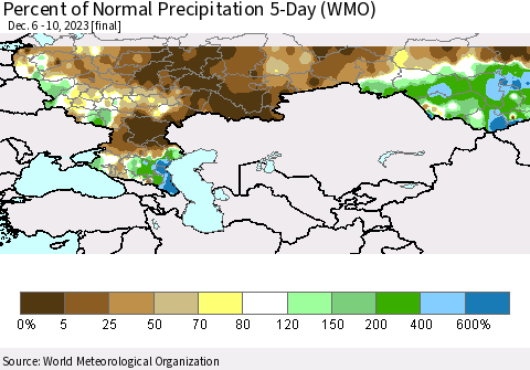 Russian Federation Percent of Normal Precipitation 5-Day (WMO) Thematic Map For 12/6/2023 - 12/10/2023