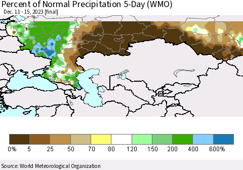 Russian Federation Percent of Normal Precipitation 5-Day (WMO) Thematic Map For 12/11/2023 - 12/15/2023