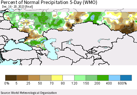 Russian Federation Percent of Normal Precipitation 5-Day (WMO) Thematic Map For 12/16/2023 - 12/20/2023