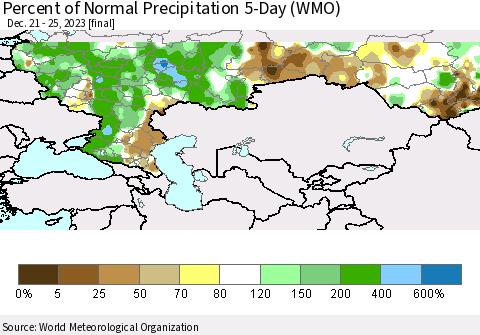 Russian Federation Percent of Normal Precipitation 5-Day (WMO) Thematic Map For 12/21/2023 - 12/25/2023