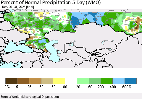 Russian Federation Percent of Normal Precipitation 5-Day (WMO) Thematic Map For 12/26/2023 - 12/31/2023