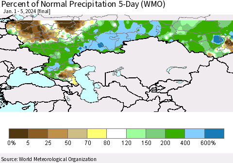Russian Federation Percent of Normal Precipitation 5-Day (WMO) Thematic Map For 1/1/2024 - 1/5/2024