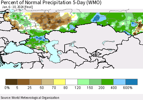 Russian Federation Percent of Normal Precipitation 5-Day (WMO) Thematic Map For 1/6/2024 - 1/10/2024