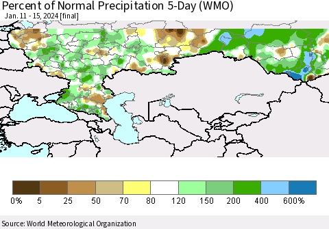 Russian Federation Percent of Normal Precipitation 5-Day (WMO) Thematic Map For 1/11/2024 - 1/15/2024