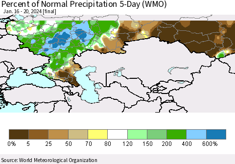 Russian Federation Percent of Normal Precipitation 5-Day (WMO) Thematic Map For 1/16/2024 - 1/20/2024