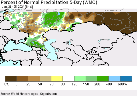 Russian Federation Percent of Normal Precipitation 5-Day (WMO) Thematic Map For 1/21/2024 - 1/25/2024