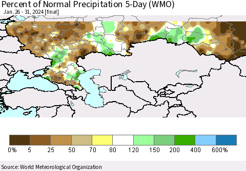 Russian Federation Percent of Normal Precipitation 5-Day (WMO) Thematic Map For 1/26/2024 - 1/31/2024