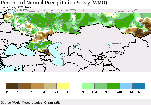 Russian Federation Percent of Normal Precipitation 5-Day (WMO) Thematic Map For 2/1/2024 - 2/5/2024
