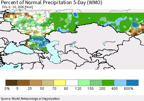 Russian Federation Percent of Normal Precipitation 5-Day (WMO) Thematic Map For 2/6/2024 - 2/10/2024