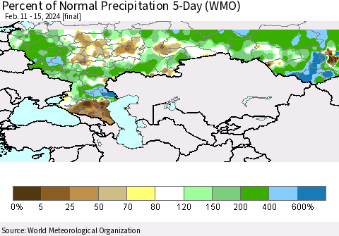 Russian Federation Percent of Normal Precipitation 5-Day (WMO) Thematic Map For 2/11/2024 - 2/15/2024