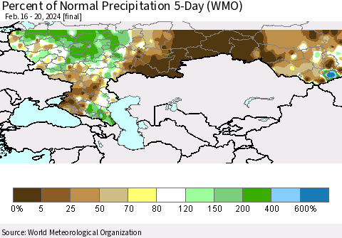 Russian Federation Percent of Normal Precipitation 5-Day (WMO) Thematic Map For 2/16/2024 - 2/20/2024