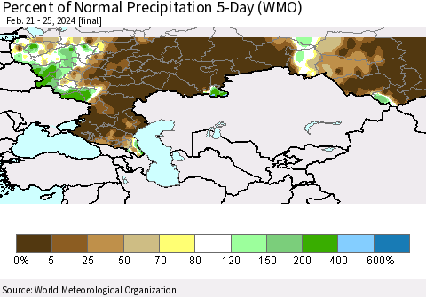 Russian Federation Percent of Normal Precipitation 5-Day (WMO) Thematic Map For 2/21/2024 - 2/25/2024