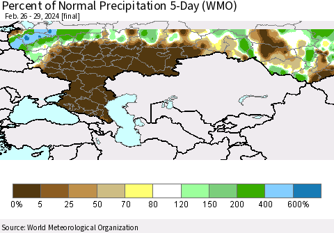 Russian Federation Percent of Normal Precipitation 5-Day (WMO) Thematic Map For 2/26/2024 - 2/29/2024
