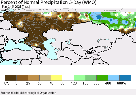 Russian Federation Percent of Normal Precipitation 5-Day (WMO) Thematic Map For 3/1/2024 - 3/5/2024