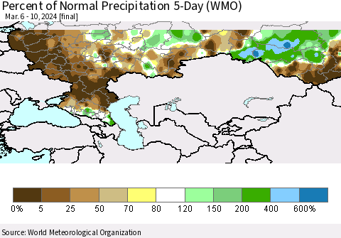 Russian Federation Percent of Normal Precipitation 5-Day (WMO) Thematic Map For 3/6/2024 - 3/10/2024