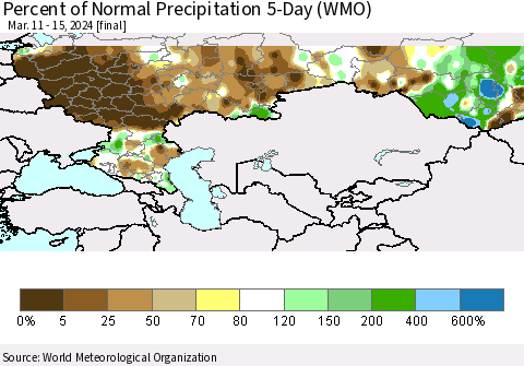 Russian Federation Percent of Normal Precipitation 5-Day (WMO) Thematic Map For 3/11/2024 - 3/15/2024