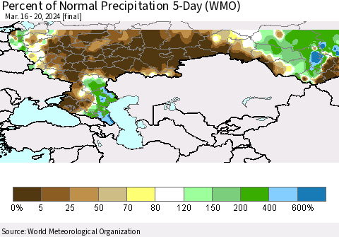 Russian Federation Percent of Normal Precipitation 5-Day (WMO) Thematic Map For 3/16/2024 - 3/20/2024