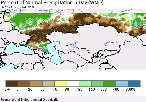 Russian Federation Percent of Normal Precipitation 5-Day (WMO) Thematic Map For 3/21/2024 - 3/25/2024