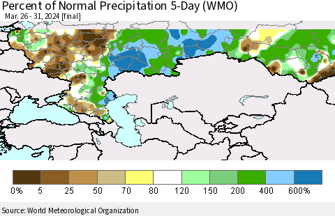 Russian Federation Percent of Normal Precipitation 5-Day (WMO) Thematic Map For 3/26/2024 - 3/31/2024