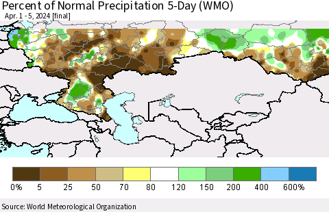 Russian Federation Percent of Normal Precipitation 5-Day (WMO) Thematic Map For 4/1/2024 - 4/5/2024