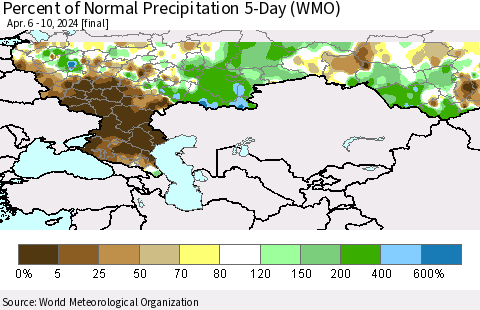 Russian Federation Percent of Normal Precipitation 5-Day (WMO) Thematic Map For 4/6/2024 - 4/10/2024