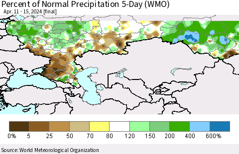 Russian Federation Percent of Normal Precipitation 5-Day (WMO) Thematic Map For 4/11/2024 - 4/15/2024