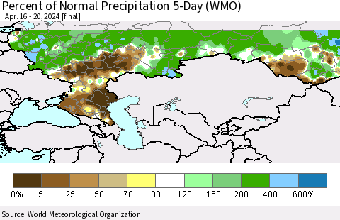 Russian Federation Percent of Normal Precipitation 5-Day (WMO) Thematic Map For 4/16/2024 - 4/20/2024