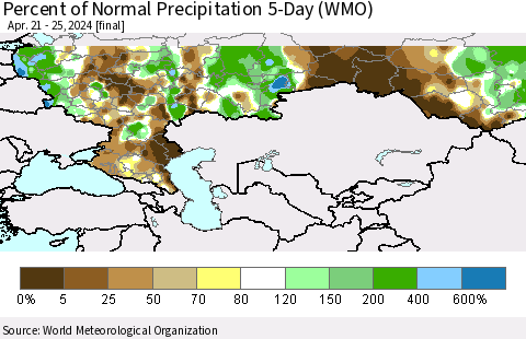 Russian Federation Percent of Normal Precipitation 5-Day (WMO) Thematic Map For 4/21/2024 - 4/25/2024