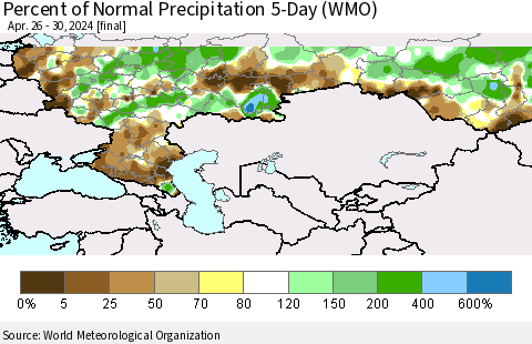 Russian Federation Percent of Normal Precipitation 5-Day (WMO) Thematic Map For 4/26/2024 - 4/30/2024
