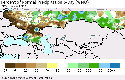 Russian Federation Percent of Normal Precipitation 5-Day (WMO) Thematic Map For 5/1/2024 - 5/5/2024