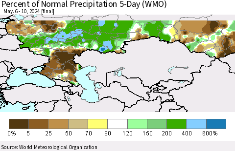 Russian Federation Percent of Normal Precipitation 5-Day (WMO) Thematic Map For 5/6/2024 - 5/10/2024