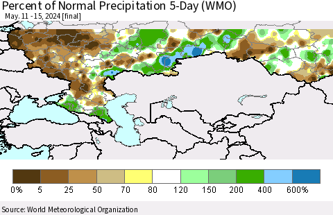 Russian Federation Percent of Normal Precipitation 5-Day (WMO) Thematic Map For 5/11/2024 - 5/15/2024